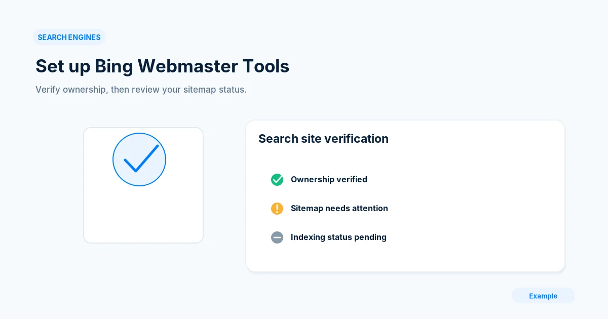 Illustration of a Bing Webmaster Tools verification panel: ownership verified, sitemap needs attention, indexing status pending.