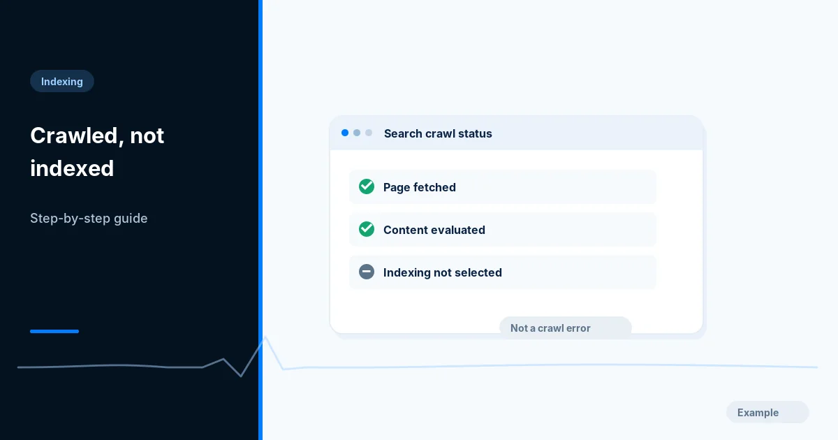 Illustration of a crawl status panel: page fetched, content evaluated, indexing not selected, marked as not a crawl error.