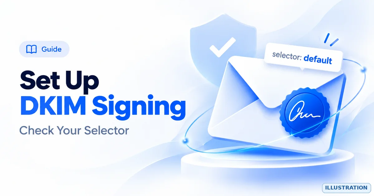 Illustration of a sealed email envelope with a DKIM signature stamp and a tag reading selector: default.