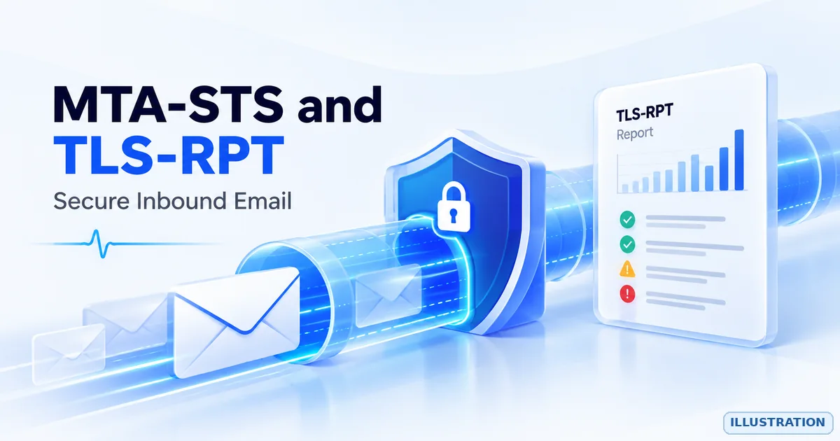 Illustration of an email travelling through a shielded, locked tunnel toward a TLS-RPT report sheet with pass and warning markers.