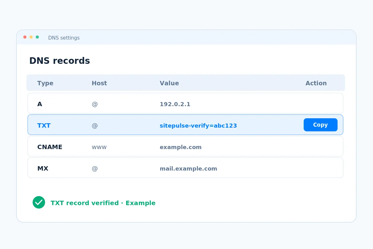Example DNS record list with a highlighted verification TXT record